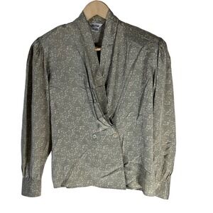 Paul Stanley Vintage 100% Silk Floral Wrap Blouse Sage‎ Green Grey Size 2